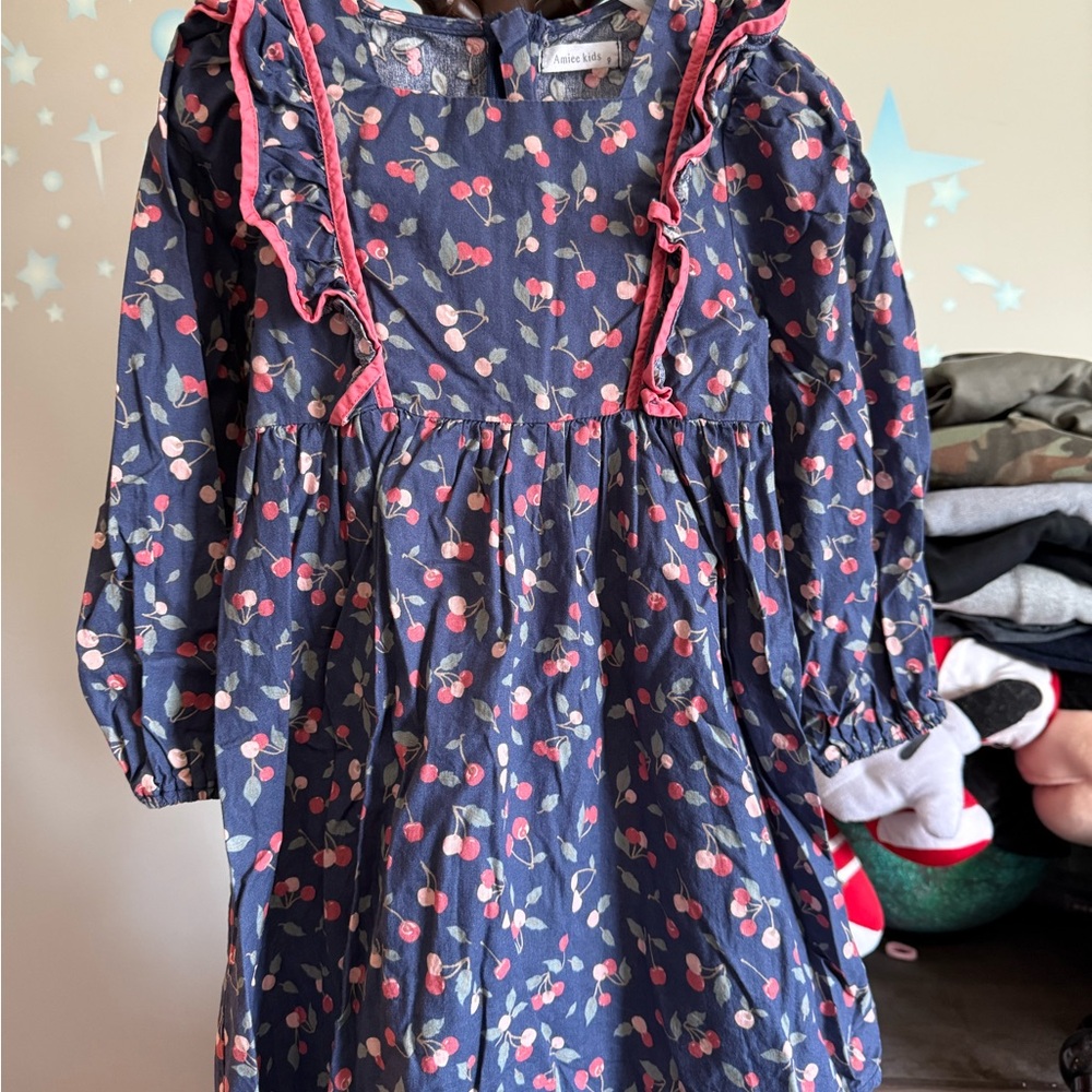 Navy Blue Cherry Print Kids Dress